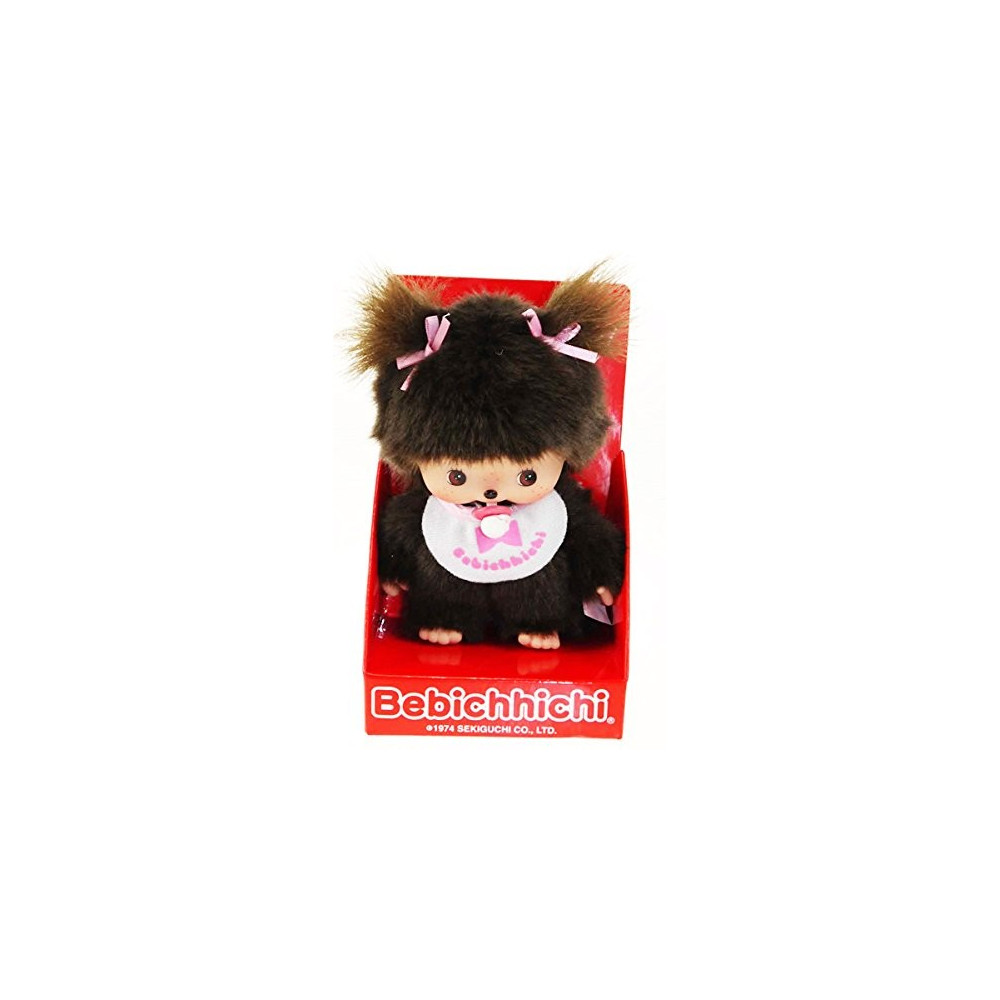 Bandai - Peluche Monchhichi - Kiki fille avec bavoir rose et blanc - 20 cm